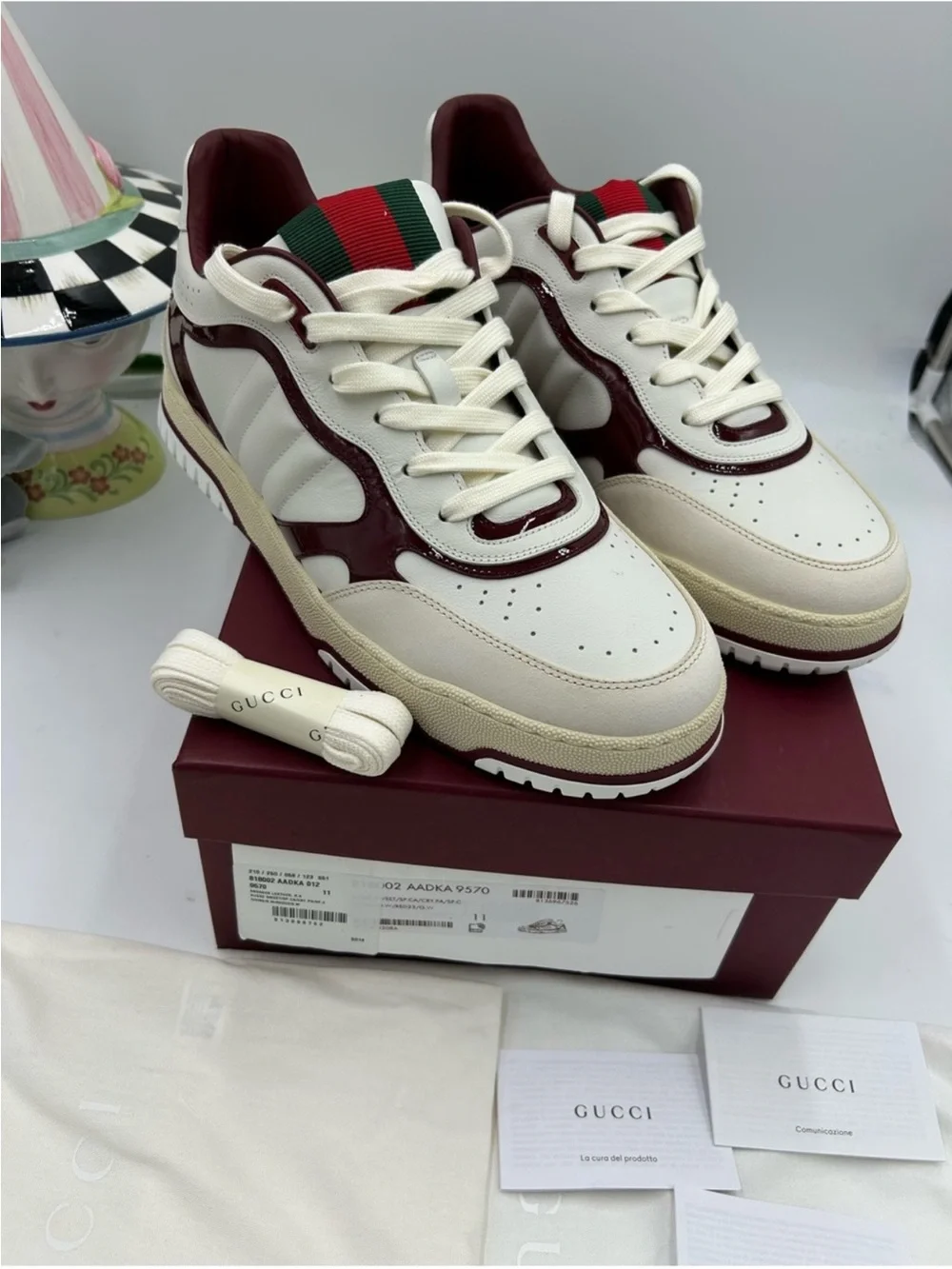 Men’s Gucci, re-web sneakers in white leather/patent trim size 11 fits 12 US